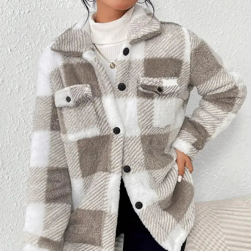 Damen - Karierte Jacke - Fleece - Kuschelig und Warm - Perfekt für kalte Tage