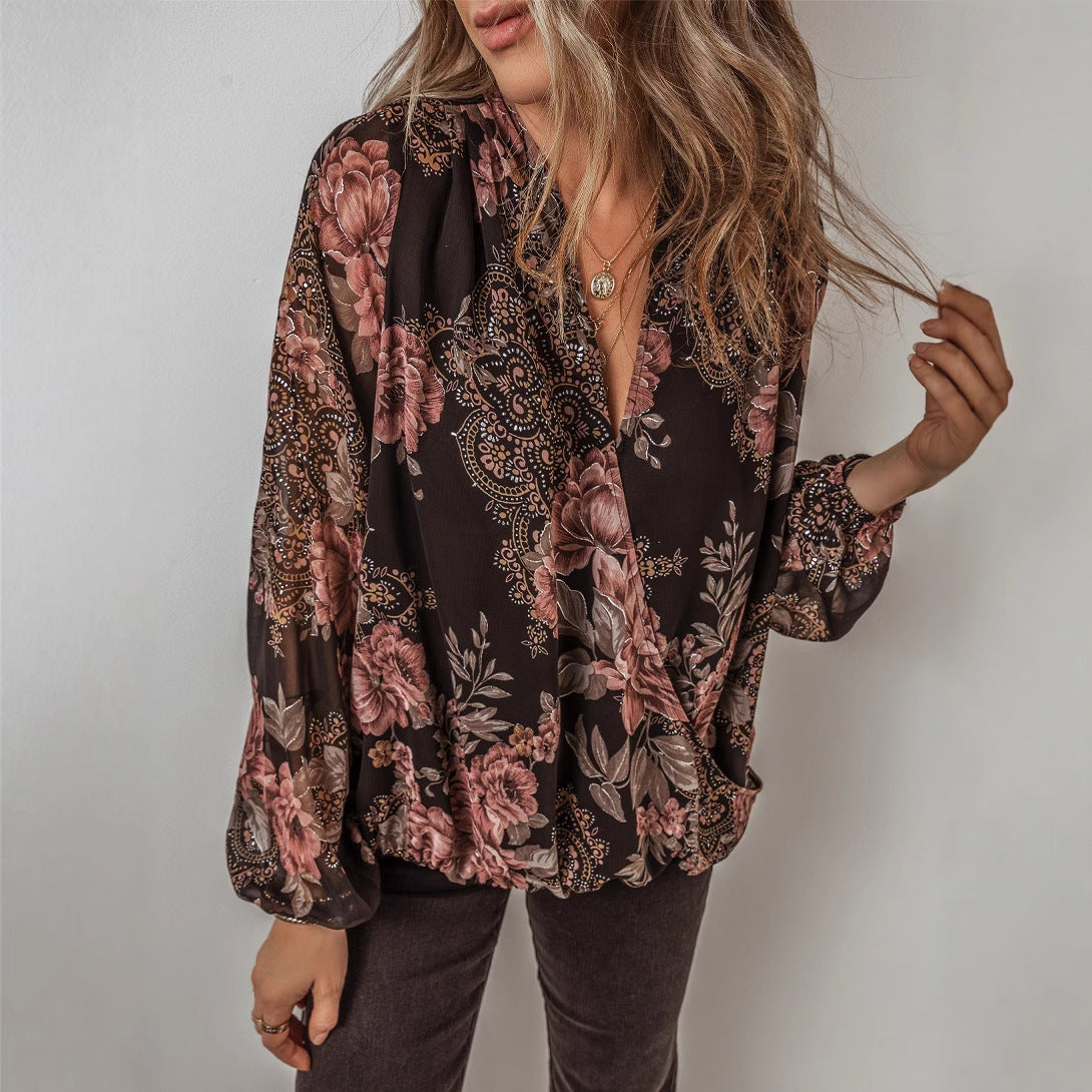 Damen - Bluse mit V-Ausschnitt und langen Ärmeln - Polyester-Chiffon - Blümchenmuster - Ideal für frühlingshafte Outfits