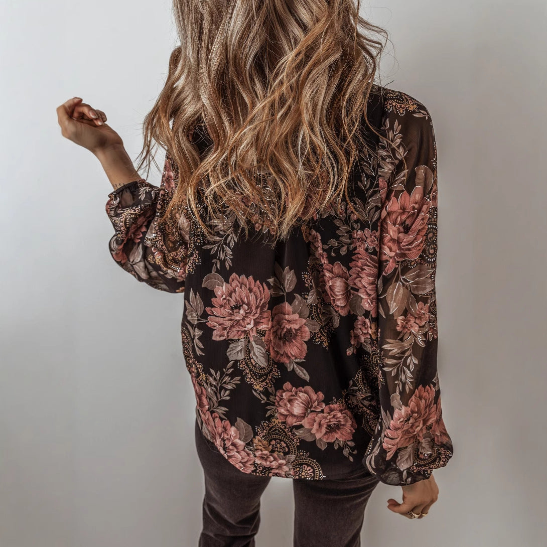 Damen - Bluse mit V-Ausschnitt und langen Ärmeln - Polyester-Chiffon - Blümchenmuster - Ideal für frühlingshafte Outfits