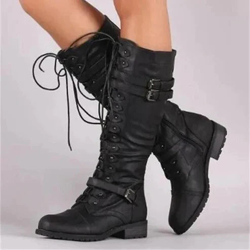 Damen - Schnürstiefel - Leder - Wadenlänge für Eleganten Komfort