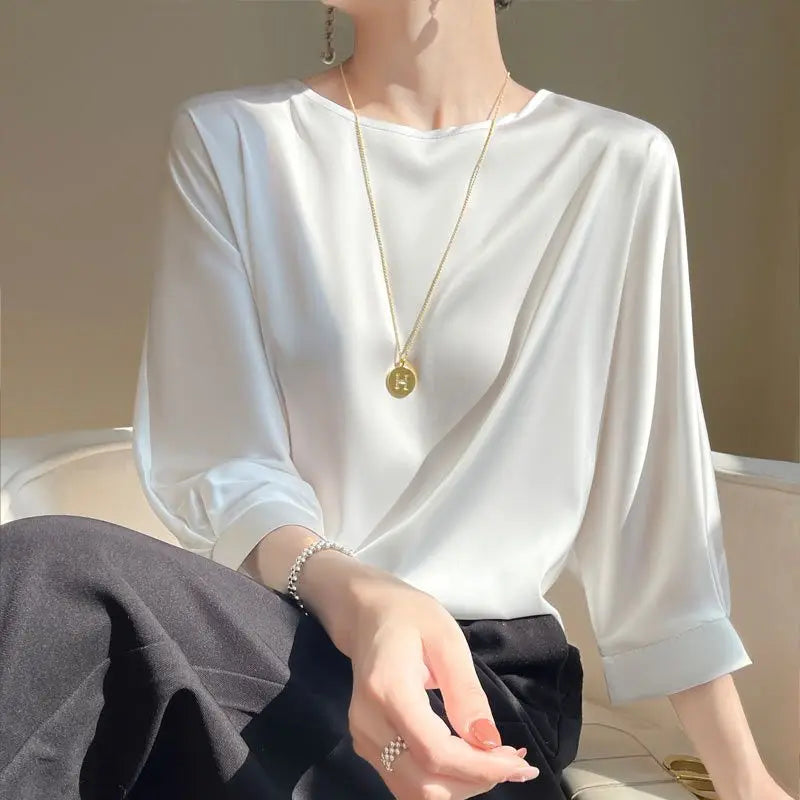 Damen - Satin Seidenbluse - Halben Ärmeln - Eleganter Stil für jeden Anlass