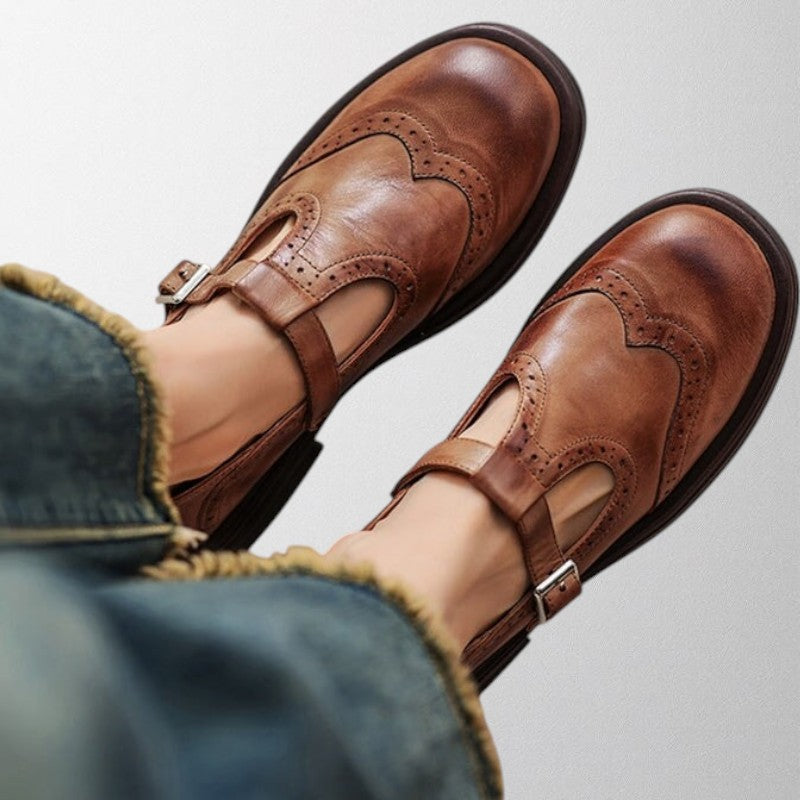 Damen - Runde Toe Brogue Wohnungen - Schnallenriemen - Elegante Schuhe für jeden Anlass