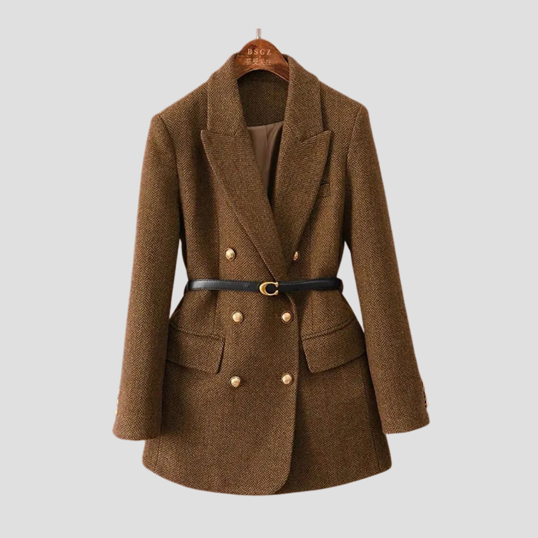 Damen - Tweed Blazermantel - Zweireihig mit Gürtel - Eleganter, stilvoller Mantel für jede Gelegenheit