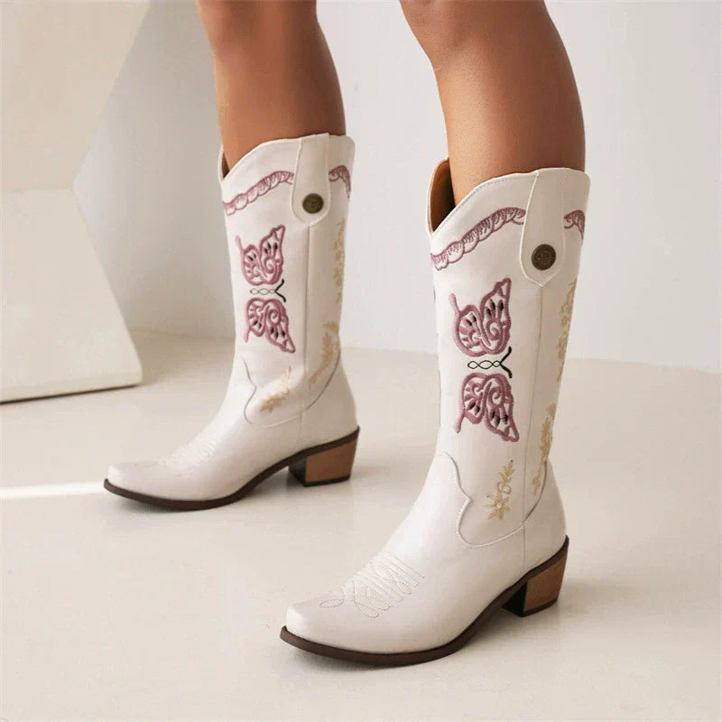 Damen - Bestickte Westernstiefel - Leder - Halbhoher Schaft - Stilvolle und robuste Schuhe für jeden Anlass