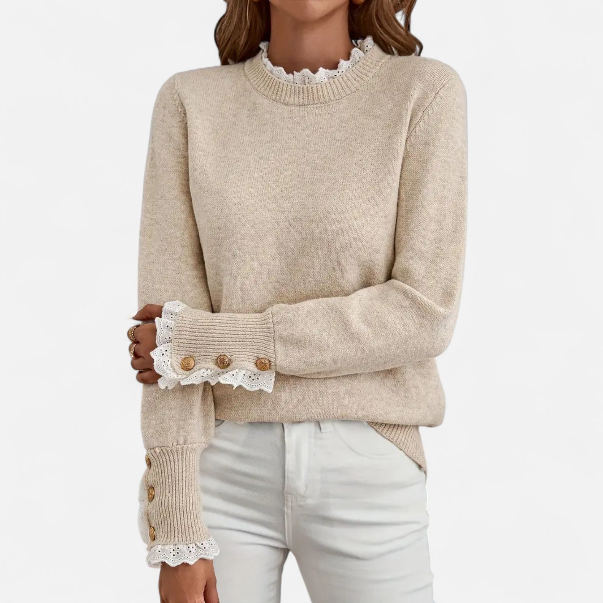 Damen - Eleganter beigefarbener Pullover - Rundhalsausschnitt - Spitzendetails - Stilvoller Freizeit-Look