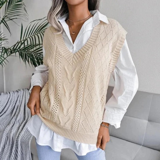 Damen - Lässige Weste mit V-Ausschnitt und Zopfmuster - Wollmischung für stilvolle Looks