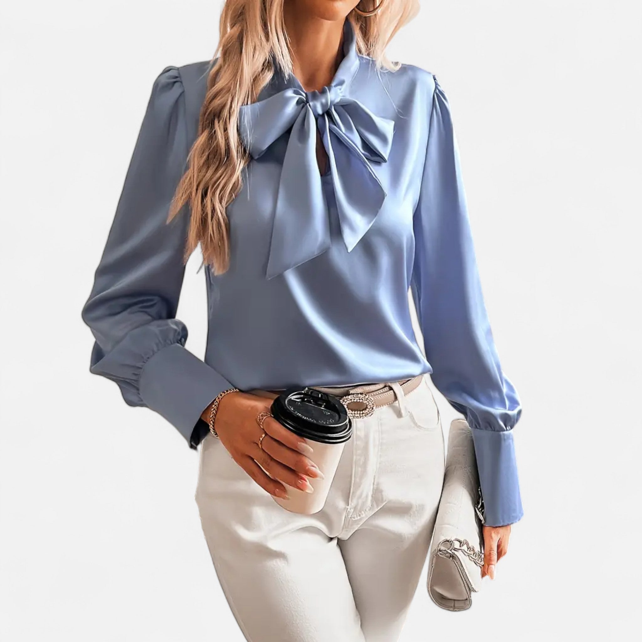 Damen - Bluse mit Fliege - Satin Stoff - Eleganter Stil für besondere Anlässe