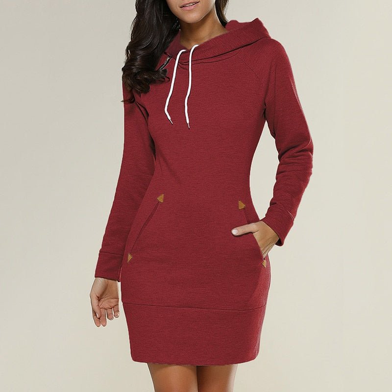 Damen - Pulloverkleid - Kuschelige Kapuze - Praktische Taschen - Bequem und Stylisch für den Alltag