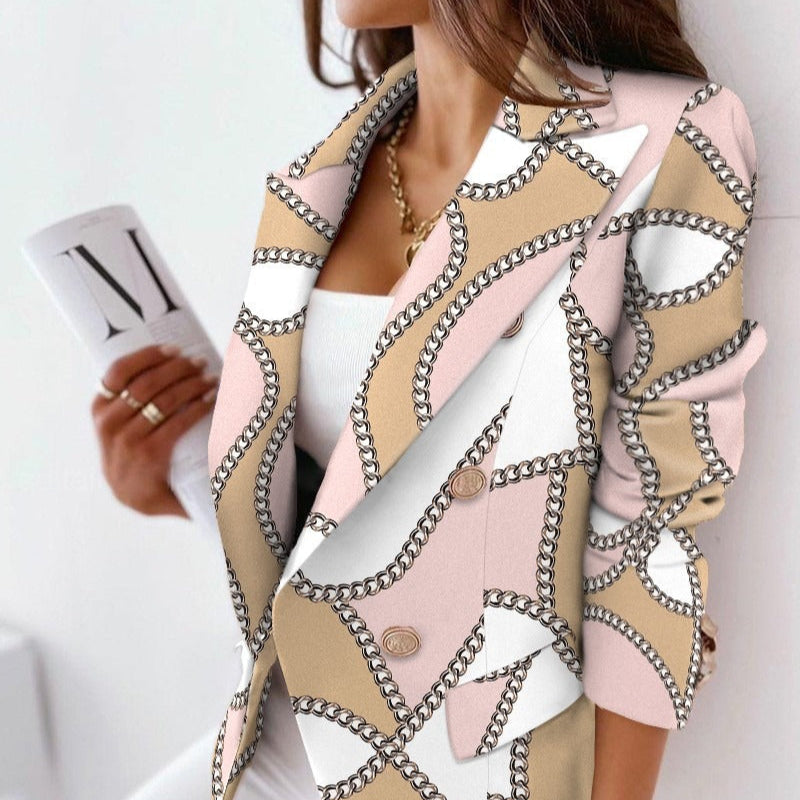 Damen - Taillierter Blazer - Zweireihig - Buntem Druck - Modischer Business-Look