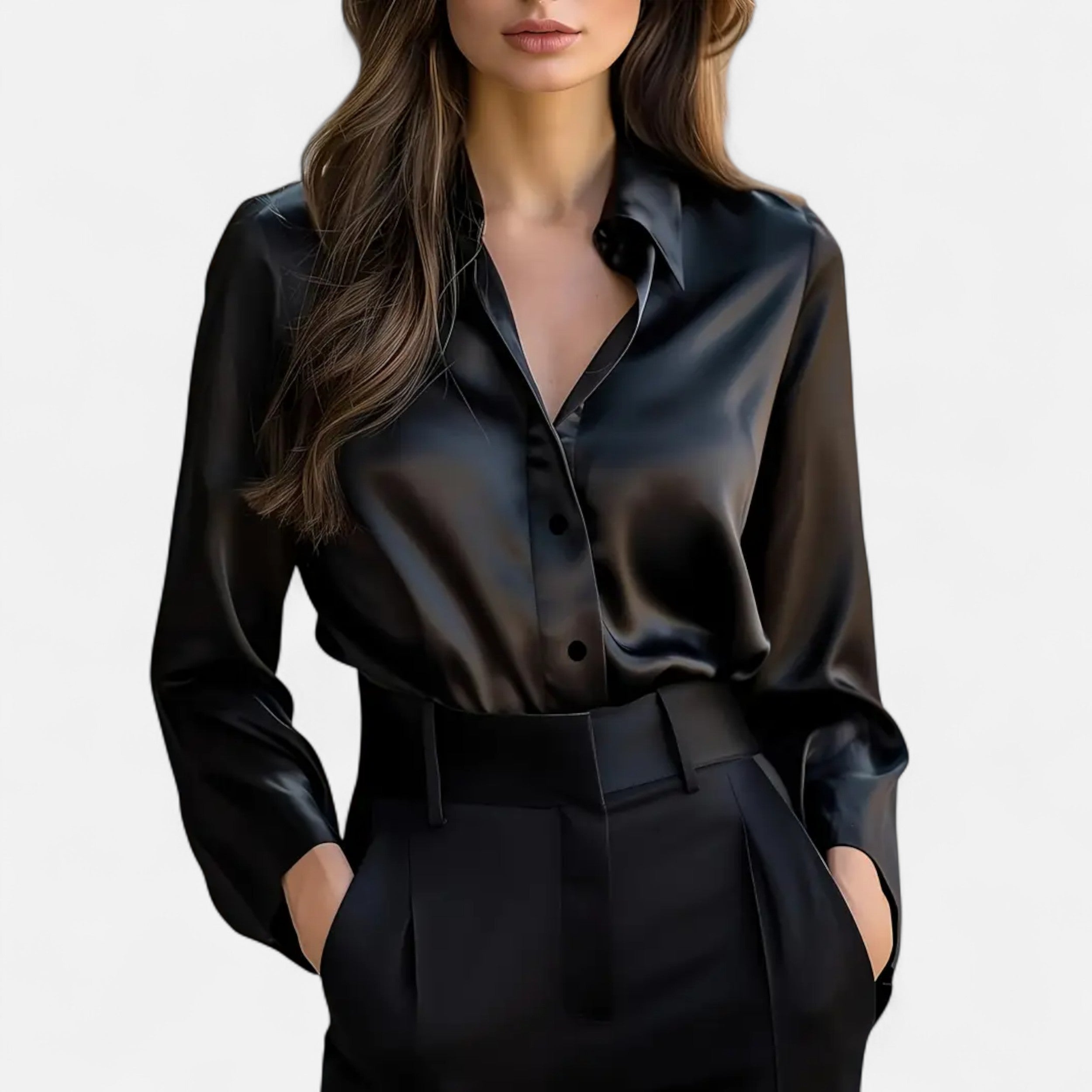 Damen - Langärmlige Satinbluse - Leichtem Polyester - Eleganter Stil für jeden Anlass