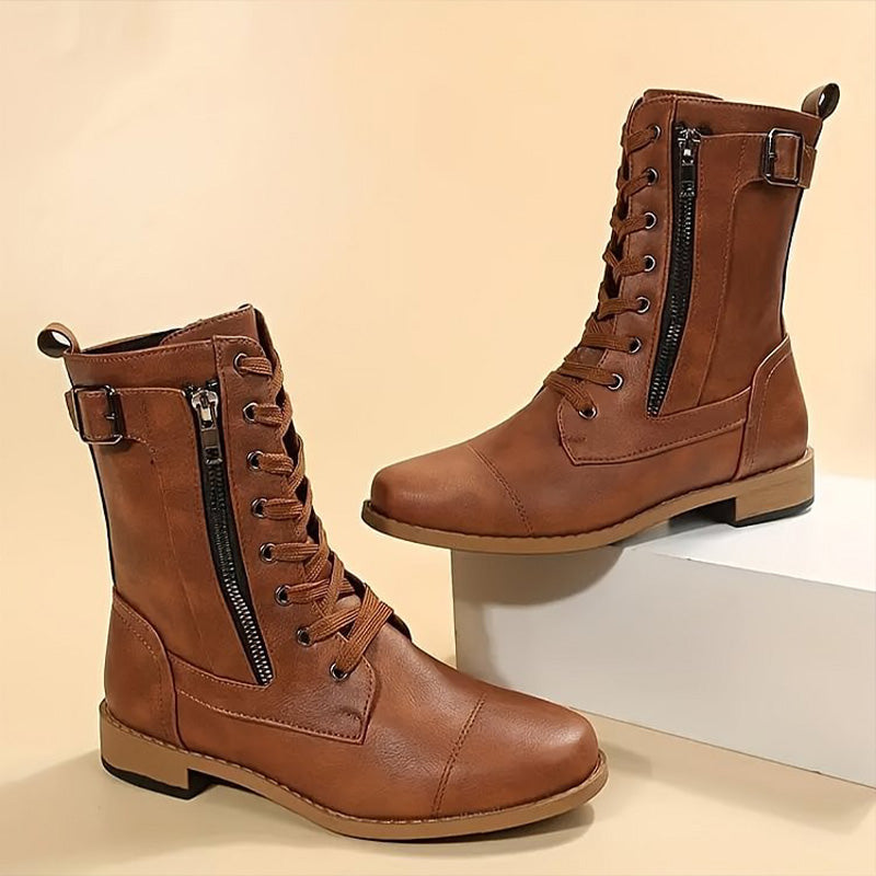 Damen - Mid-Calf Schnürstiefel - Reißverschluss & Schnalle Design - Modische Stiefel für jeden Anlass