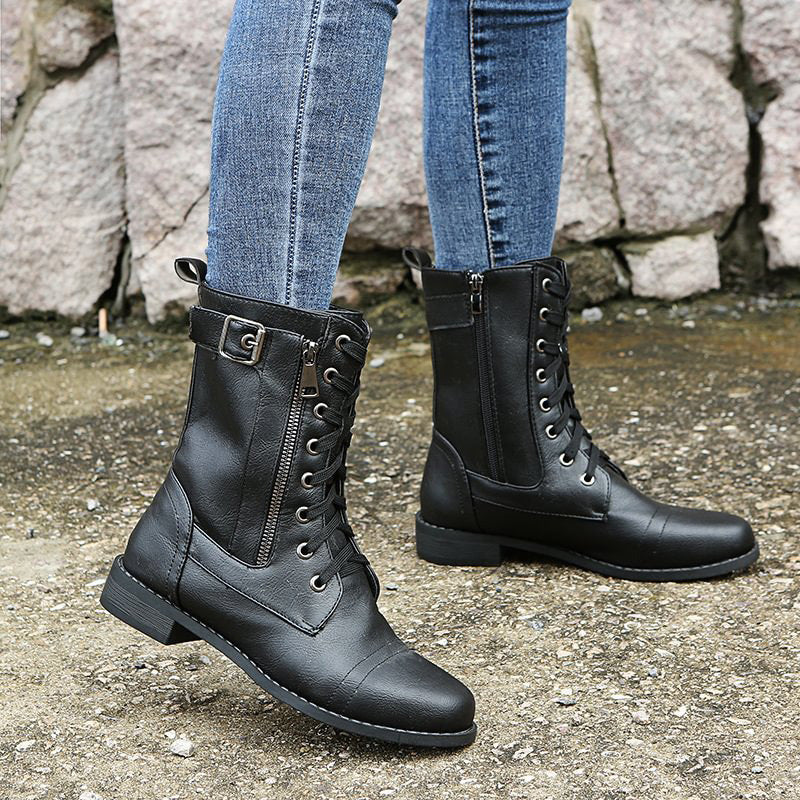 Damen - Mid-Calf Schnürstiefel - Reißverschluss & Schnalle Design - Modische Stiefel für jeden Anlass