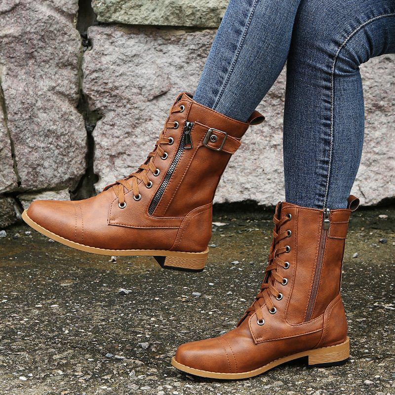 Damen - Mid-Calf Schnürstiefel - Reißverschluss & Schnalle Design - Modische Stiefel für jeden Anlass