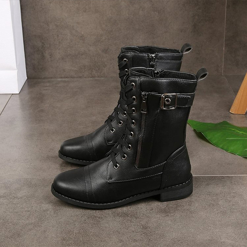 Damen - Mid-Calf Schnürstiefel - Reißverschluss & Schnalle Design - Modische Stiefel für jeden Anlass