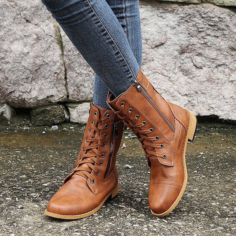 Damen - Mid-Calf Schnürstiefel - Reißverschluss & Schnalle Design - Modische Stiefel für jeden Anlass