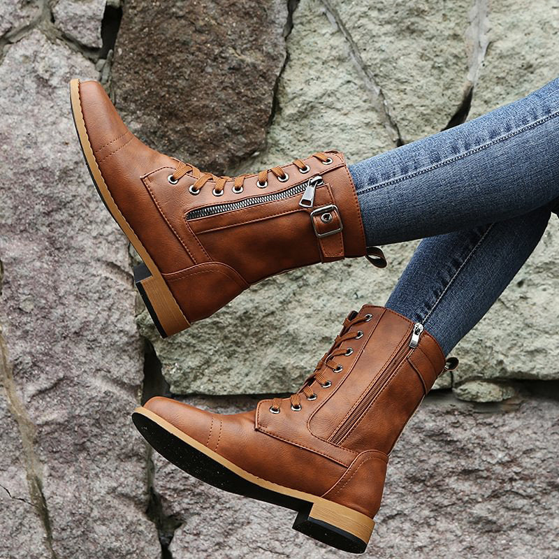Damen - Mid-Calf Schnürstiefel - Reißverschluss & Schnalle Design - Modische Stiefel für jeden Anlass