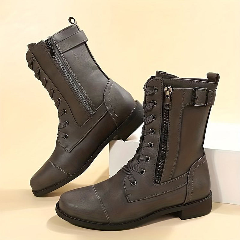 Damen - Mid-Calf Schnürstiefel - Reißverschluss & Schnalle Design - Modische Stiefel für jeden Anlass