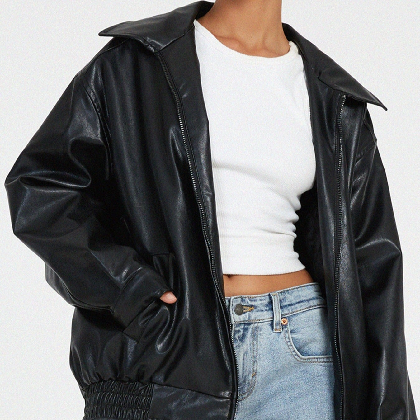 Damen - Entspannte jacke - Leder - Hochkragen mit Reißverschluss - Stilvolle Lederjacke für Alltag und Freizeit