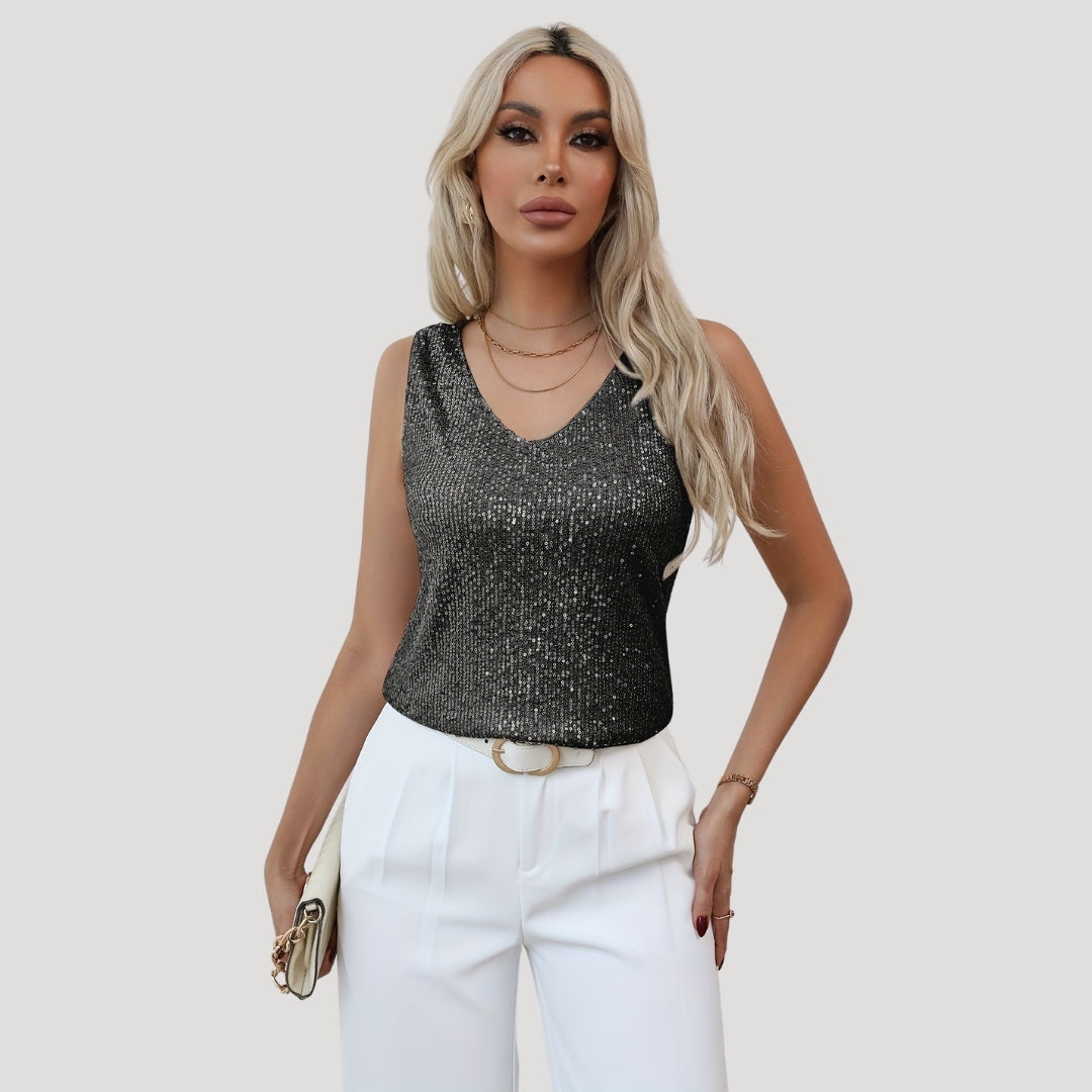 Damen - Pailletten Ärmliges Party-Top - Leichter Stoff - V-Ausschnitt - Glamouröser Stil für unvergessliche Feiern
