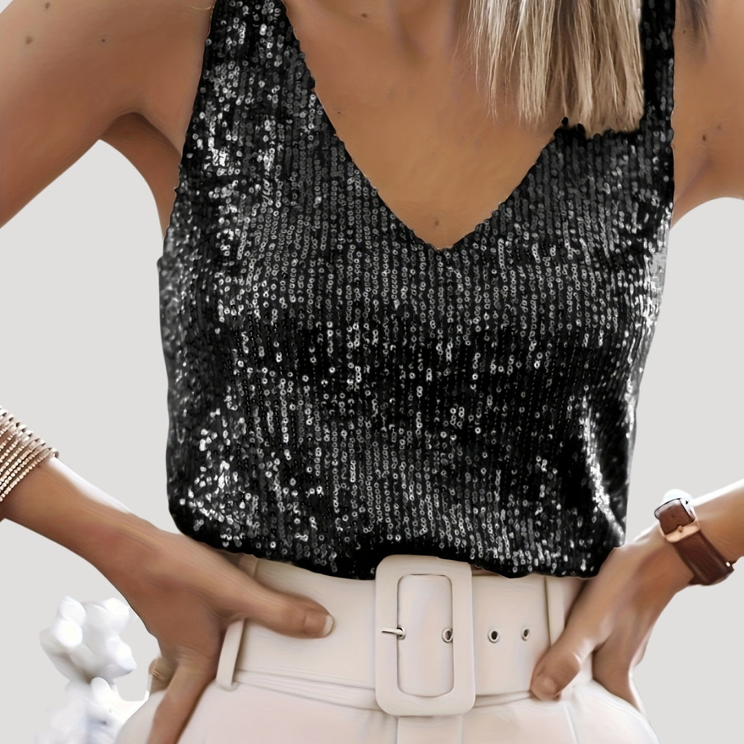 Damen - Pailletten Ärmliges Party-Top - Leichter Stoff - V-Ausschnitt - Glamouröser Stil für unvergessliche Feiern
