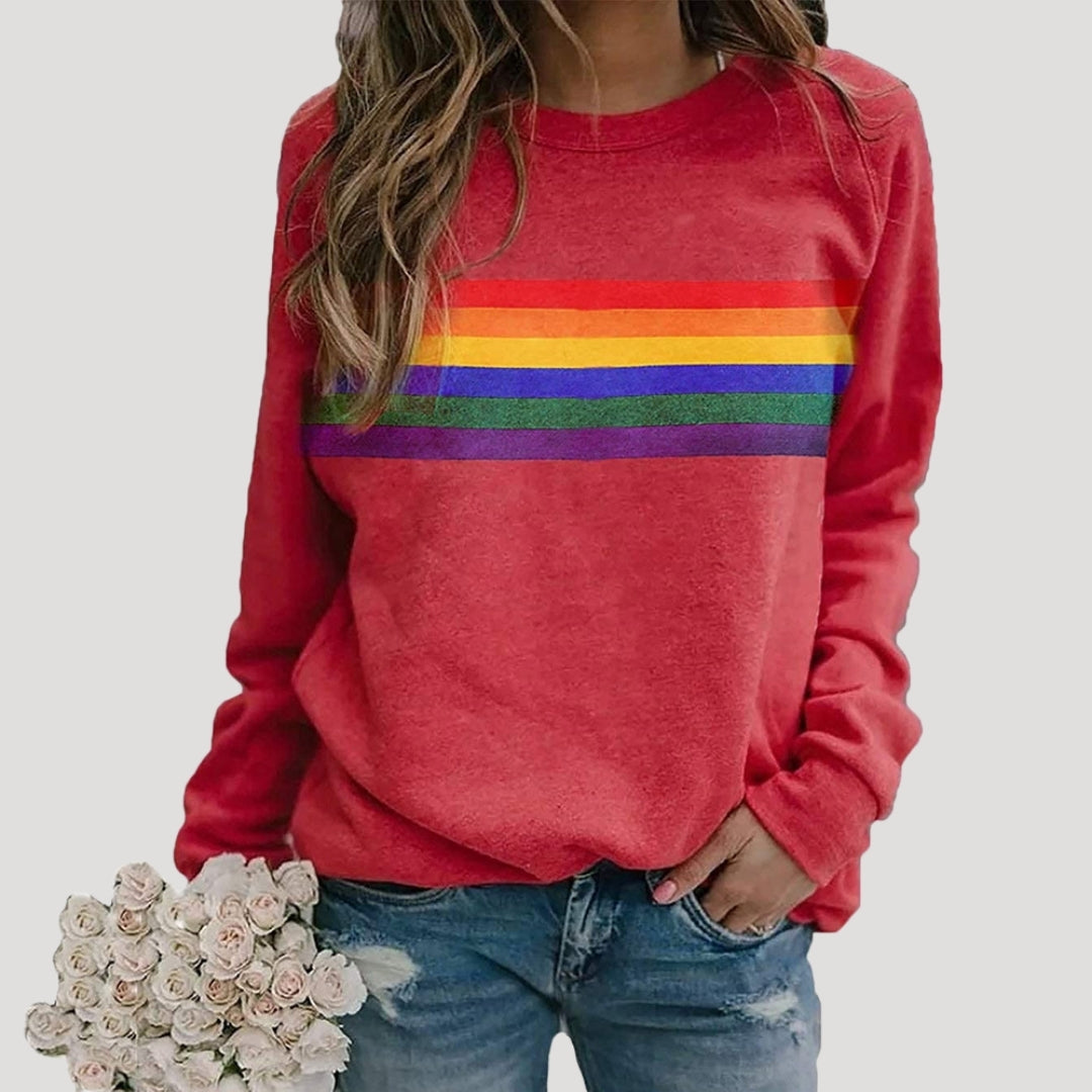 Damen - Pullover - Rundhalsausschnitt - Buntes Regenbogen-Streifen-Design - Modischer Freizeitstil