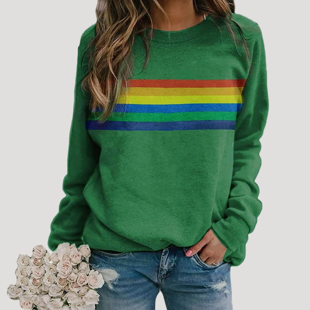Damen - Pullover - Rundhalsausschnitt - Buntes Regenbogen-Streifen-Design - Modischer Freizeitstil