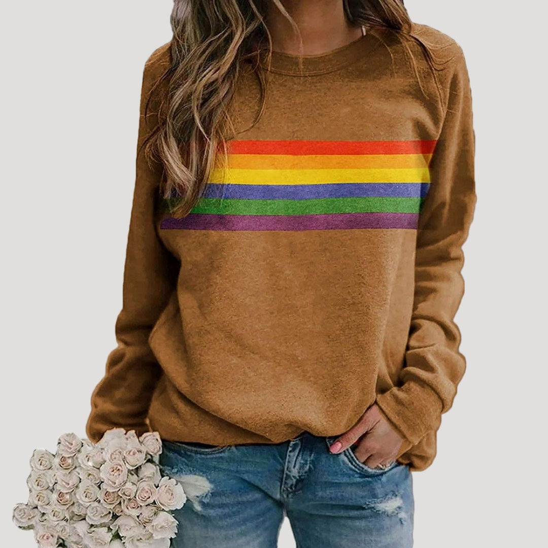 Damen - Pullover - Rundhalsausschnitt - Buntes Regenbogen-Streifen-Design - Modischer Freizeitstil