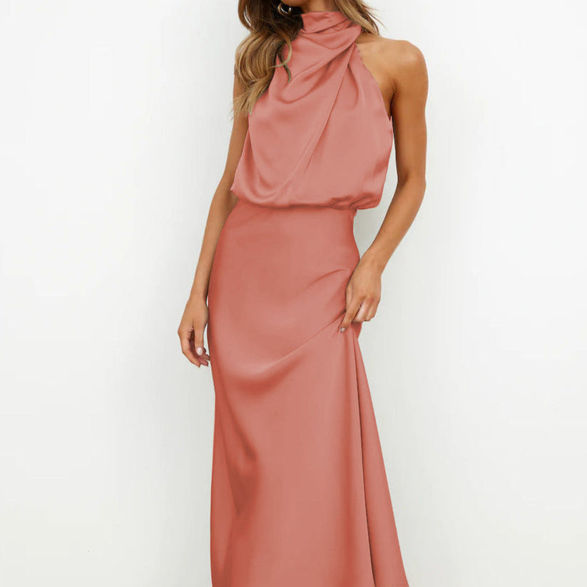 Damen - Elegantes langes Satin Kleid - Atmungsaktive Stoffe - Fließender Stil für besondere Anlässe