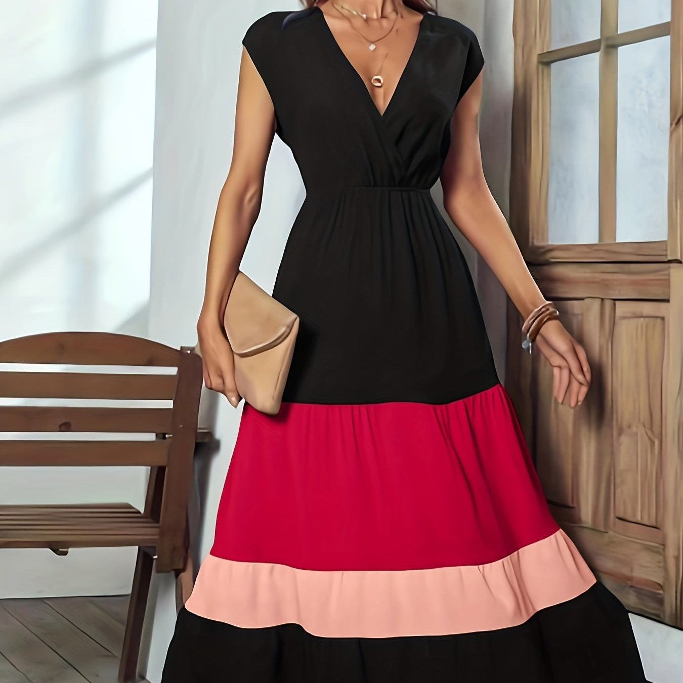 Damen - Farbblock Maxi Kleid - Polyester - Elegantes ärmelloses Wickelkleid - Stilvoll und vielseitig für jeden Anlass