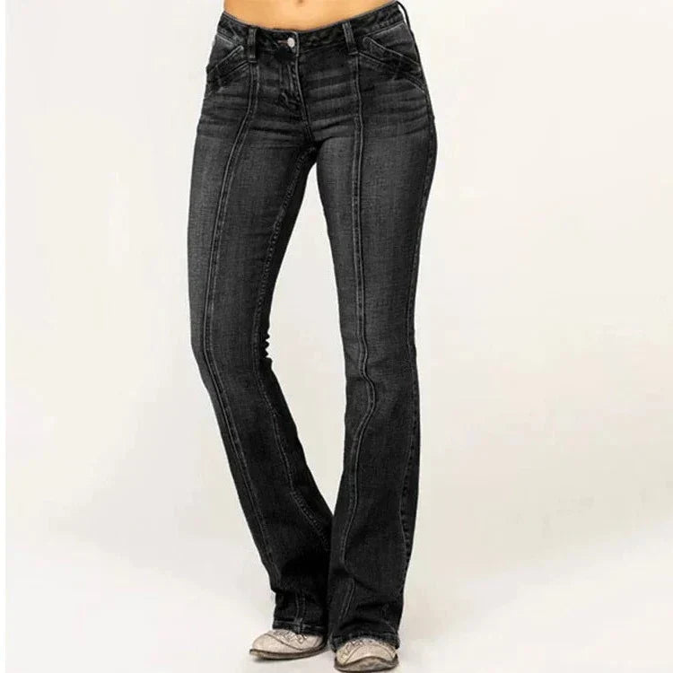 Damen - Mittellange ausgestellte Jeans - Denim - Vordere Naht Detail - Bequeme und stilvolle - Hose für jeden Anlass