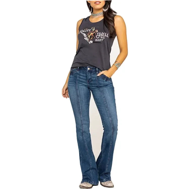 Damen - Mittellange ausgestellte Jeans - Denim - Vordere Naht Detail - Bequeme und stilvolle - Hose für jeden Anlass