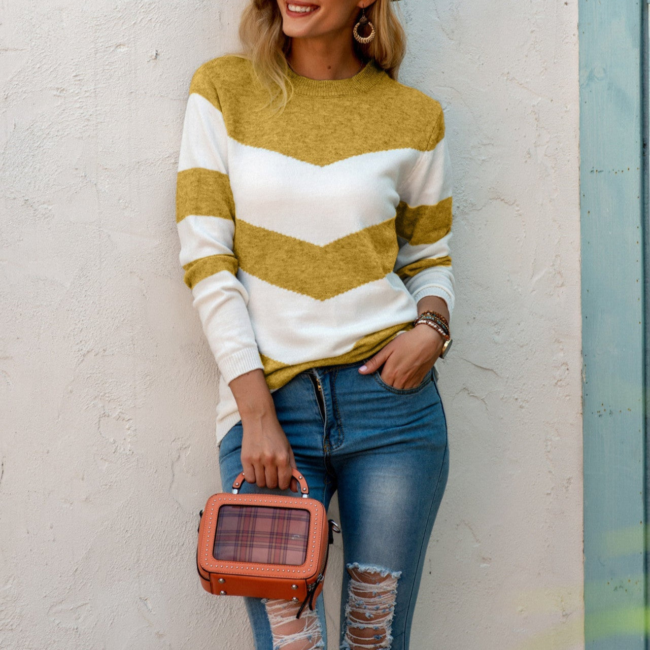 Damen - Pullover mit Chevron Muster - Rundhalsausschnitt - Bequemer Strickpulli für jeden Anlass