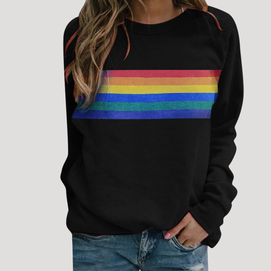 Damen - Pullover - Rundhalsausschnitt - Buntes Regenbogen-Streifen-Design - Modischer Freizeitstil