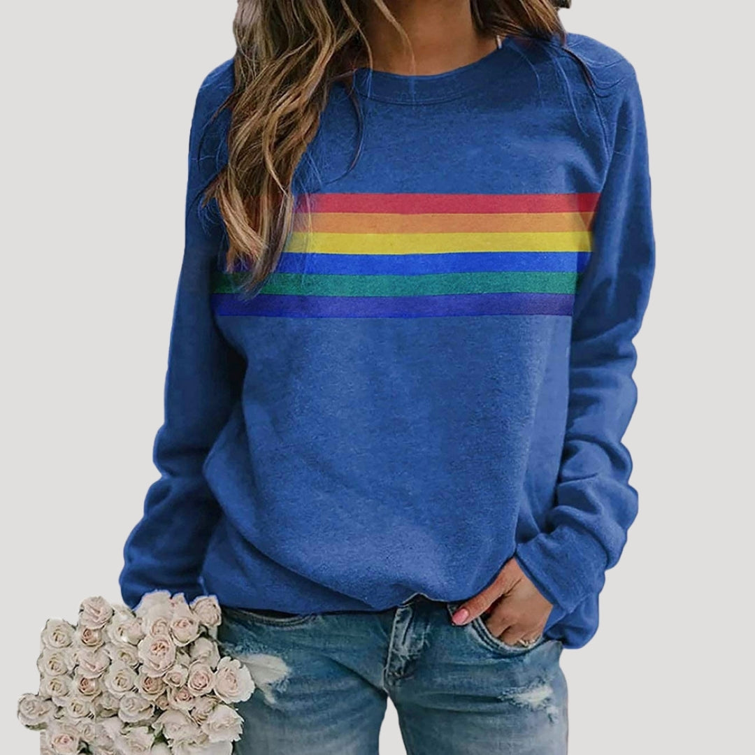 Damen - Pullover - Rundhalsausschnitt - Buntes Regenbogen-Streifen-Design - Modischer Freizeitstil