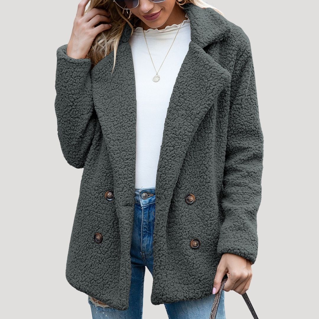 Damen - Zweireihige Fleece jacke - Kunstpelz mit Plüschtextur - Winter Style
