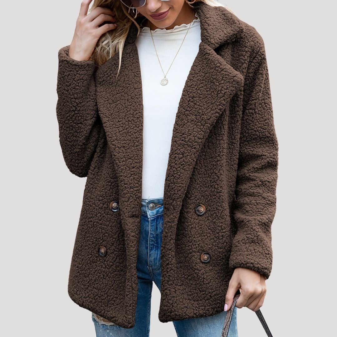 Damen - Zweireihige Fleece jacke - Kunstpelz mit Plüschtextur - Winter Style