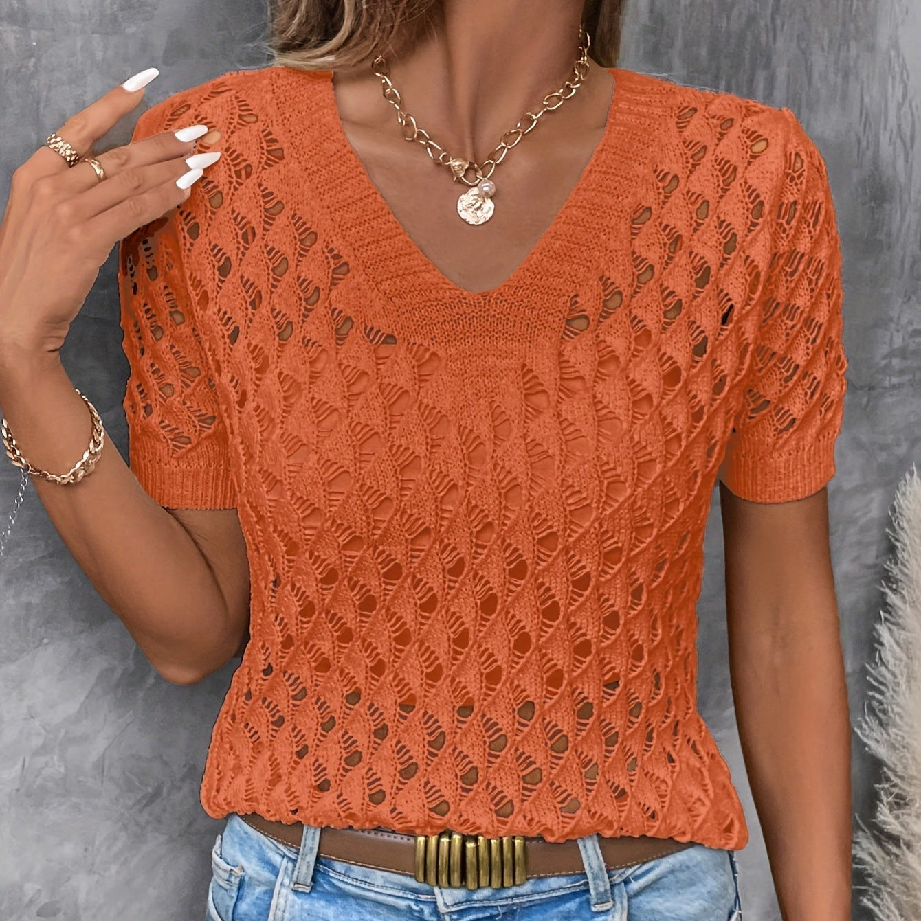 Damen - Eleganter Kurzarm-Pullover - Polyester - V-Ausschnitt und Spitze - Stilvolles Top für jeden Anlass
