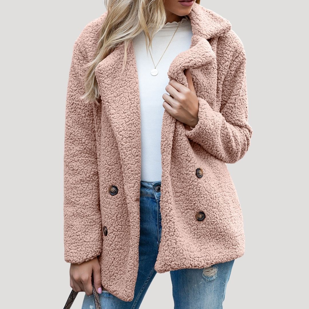 Damen - Zweireihige Fleece jacke - Kunstpelz mit Plüschtextur - Winter Style