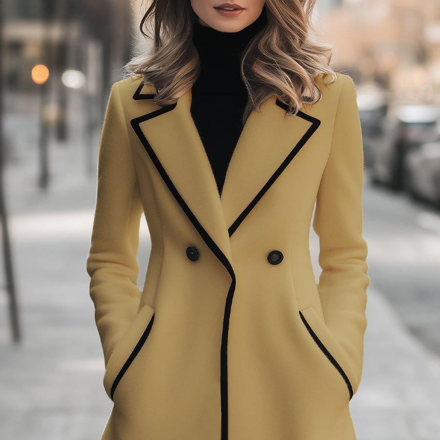 Damen - Doppelreihiger Mantel - Mischgewebe - Elegantem schwarzem Saum - Stilvoll und Warm für jede Gelegenheit