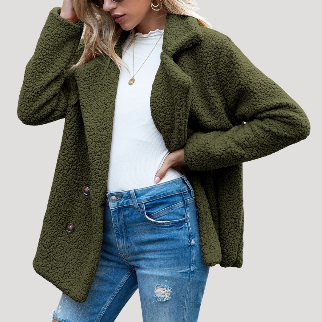 Damen - Zweireihige Fleece jacke - Kunstpelz mit Plüschtextur - Winter Style