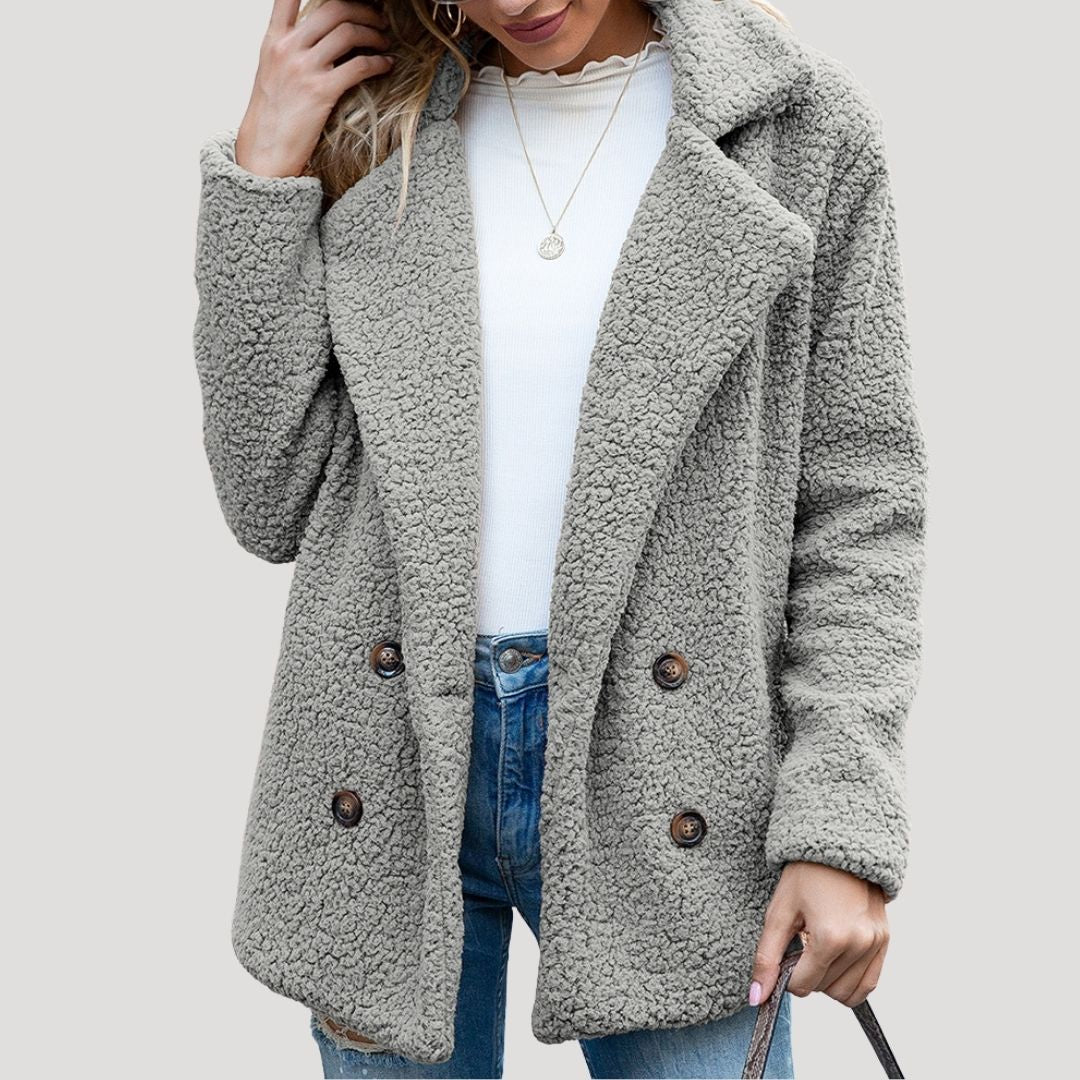 Damen - Zweireihige Fleece jacke - Kunstpelz mit Plüschtextur - Winter Style