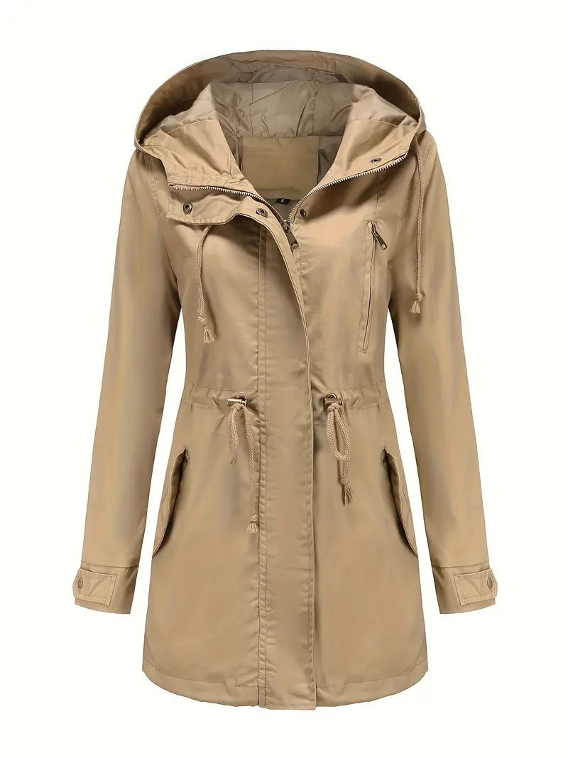 Damen - Langärmliger Trenchcoat - Kapuze - Wasserdicht und Stylisch - Perfekt für Regenwetter