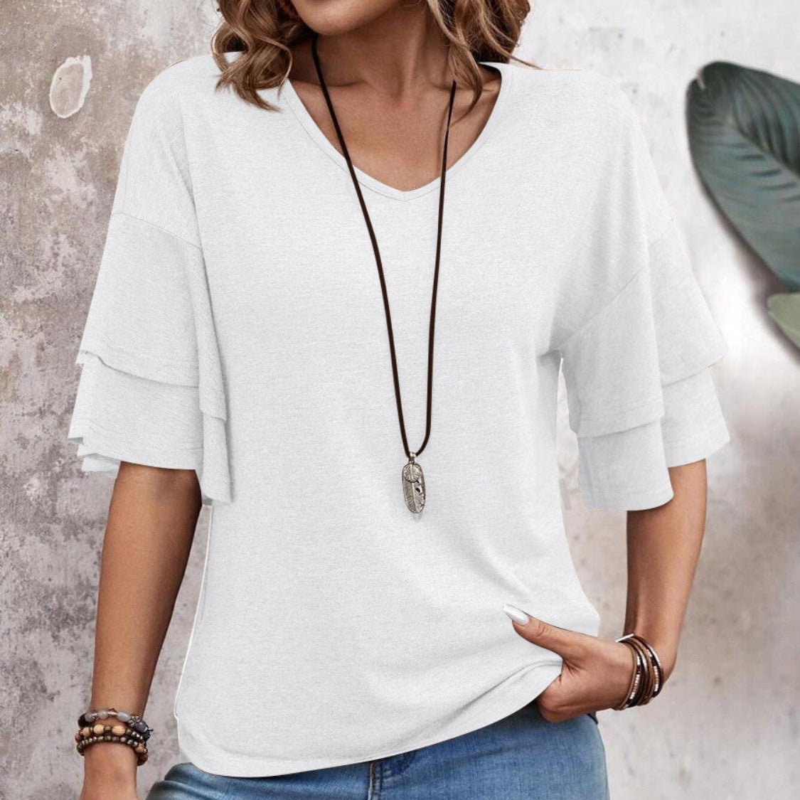Damen - Bluse mit V-Ausschnitt und halben Ärmeln - Leichtes, atmungsaktives Material - Stylisches Alltags-Top