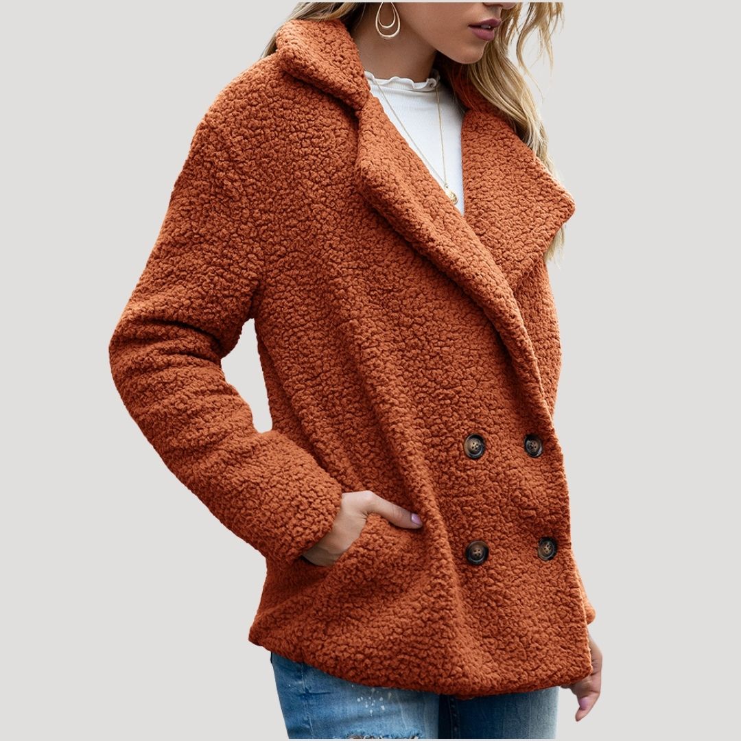 Damen - Zweireihige Fleece jacke - Kunstpelz mit Plüschtextur - Winter Style
