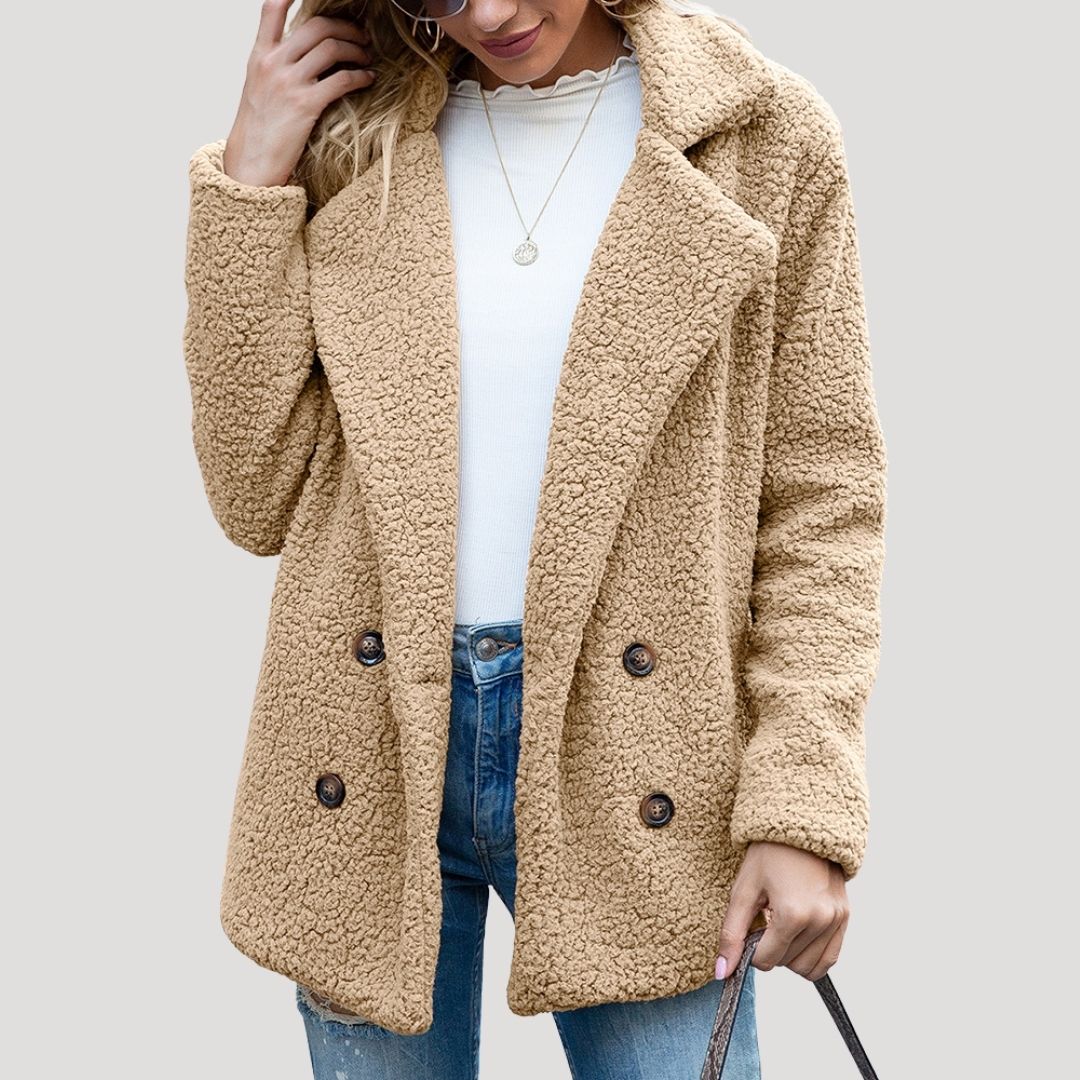 Damen - Zweireihige Fleece jacke - Kunstpelz mit Plüschtextur - Winter Style