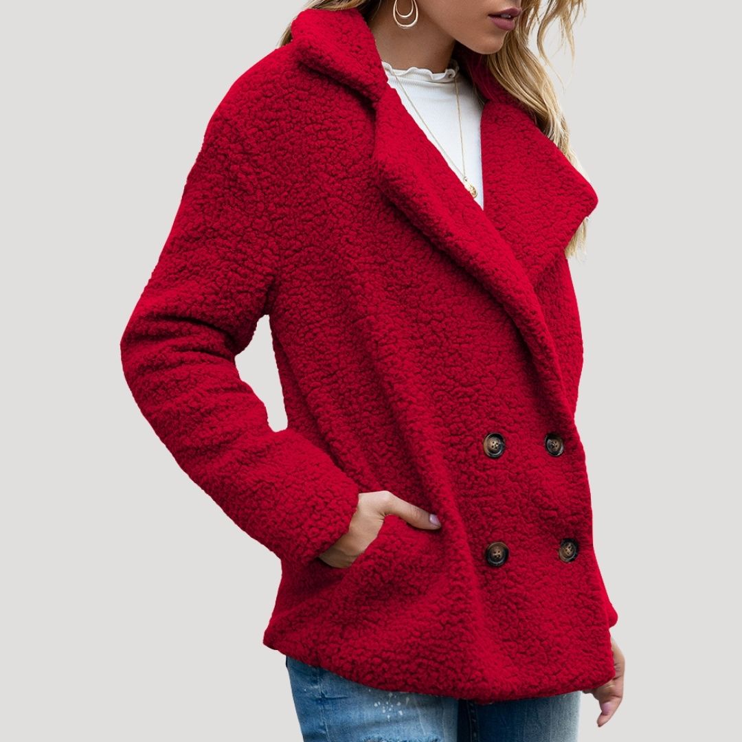 Damen - Zweireihige Fleece jacke - Kunstpelz mit Plüschtextur - Winter Style