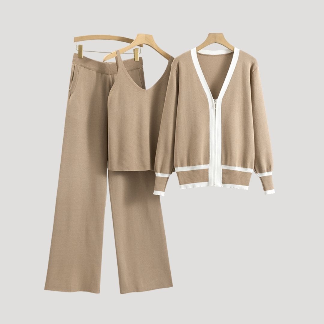 Damen - Gestricktes 3-teiliges Loungewear Set - Bequemes Material - Stylisches Zuhause-Outfit
