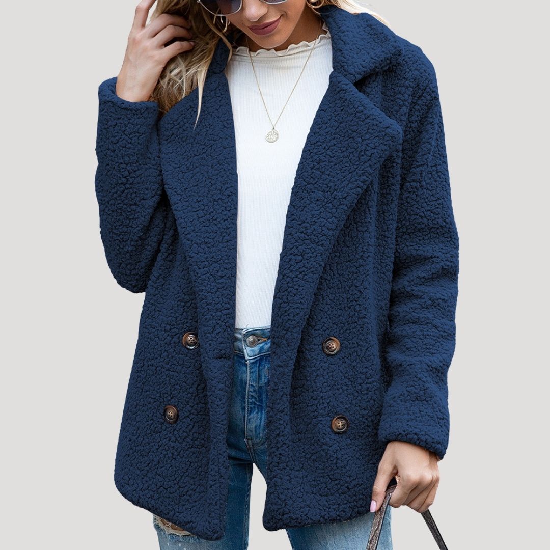 Damen - Zweireihige Fleece jacke - Kunstpelz mit Plüschtextur - Winter Style