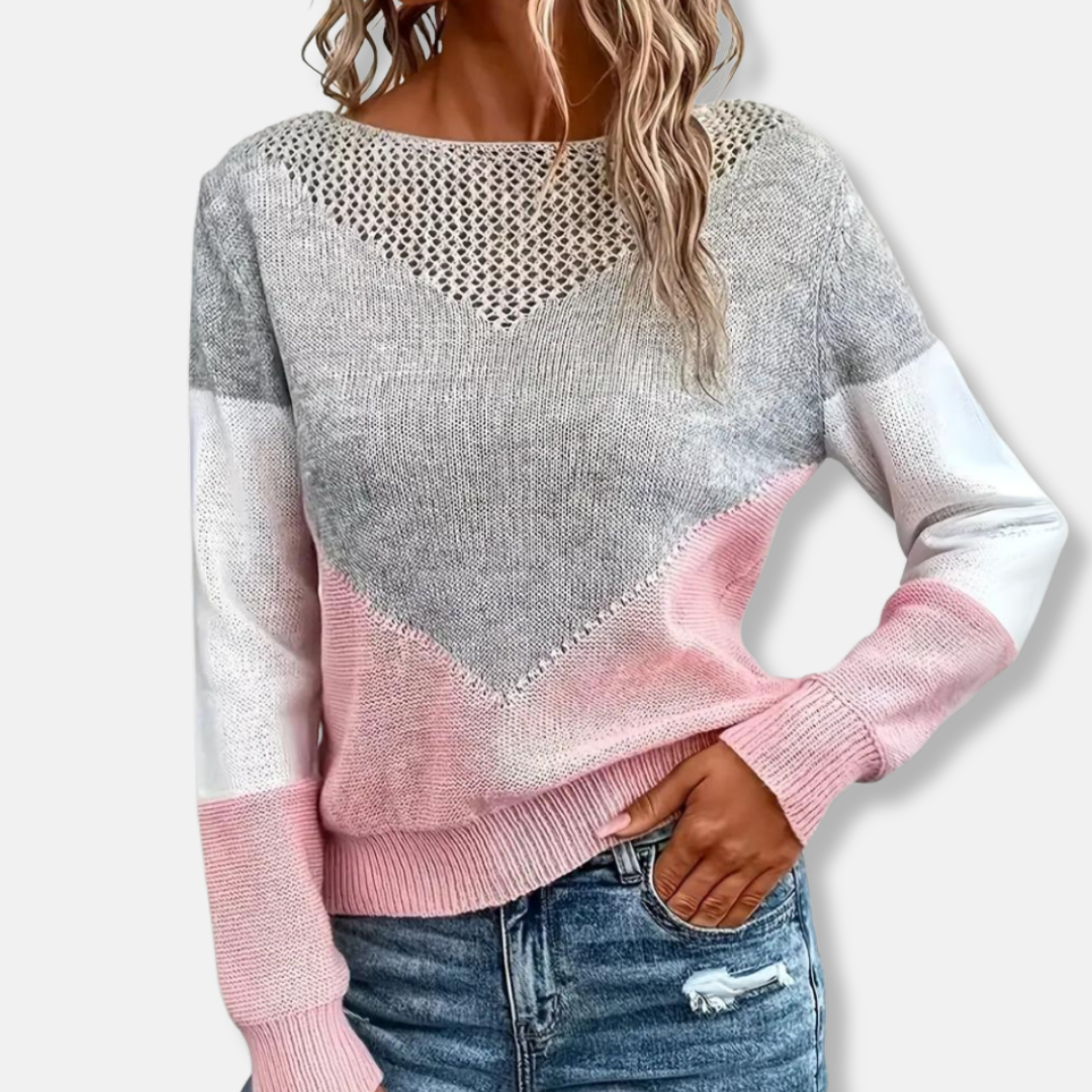 Damen - Farbblockmuster Pullover - Rundhalsausschnitt - Bequemer Strick - Modischer Stil für jeden Anlass