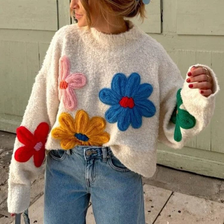 Damen - Grobstrick Pullover - Übergroßer Pullover mit Blumenmuster - Trendy und Bequem